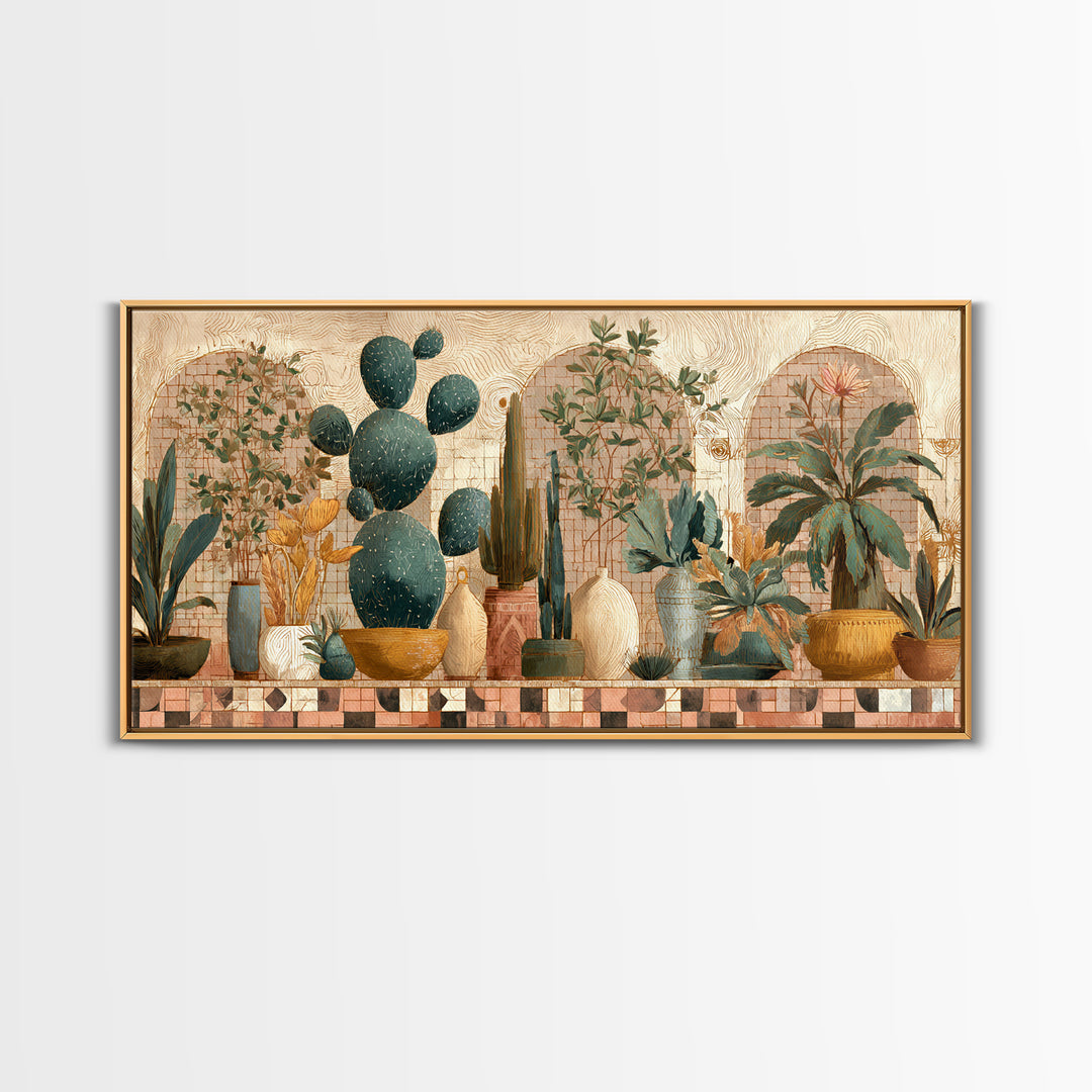Warm Neutral Cactus Garden Illustration Framed Canvas Print, Boho Art, Living Room Decor, Watercolor Art, Bohemian, BOH-2x1-38