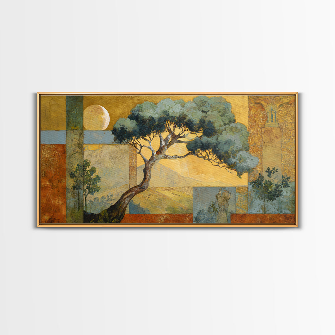 Sage Green Eucalyptus and Crescent Moon Framed Canvas Print, Boho Art, Digital Wall Art, Living Room Decor, Fine Art, Bohemian, BOH-2x1-43
