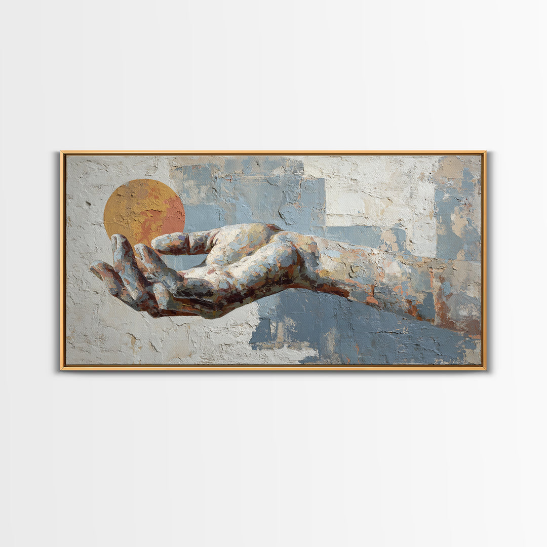 Mystic Hand Holding a Tiny Sun Framed Canvas Print, Boho Art, Printable, Living Room Decor, Bohemian, Abstract Wall Art, BOH-2x1-50