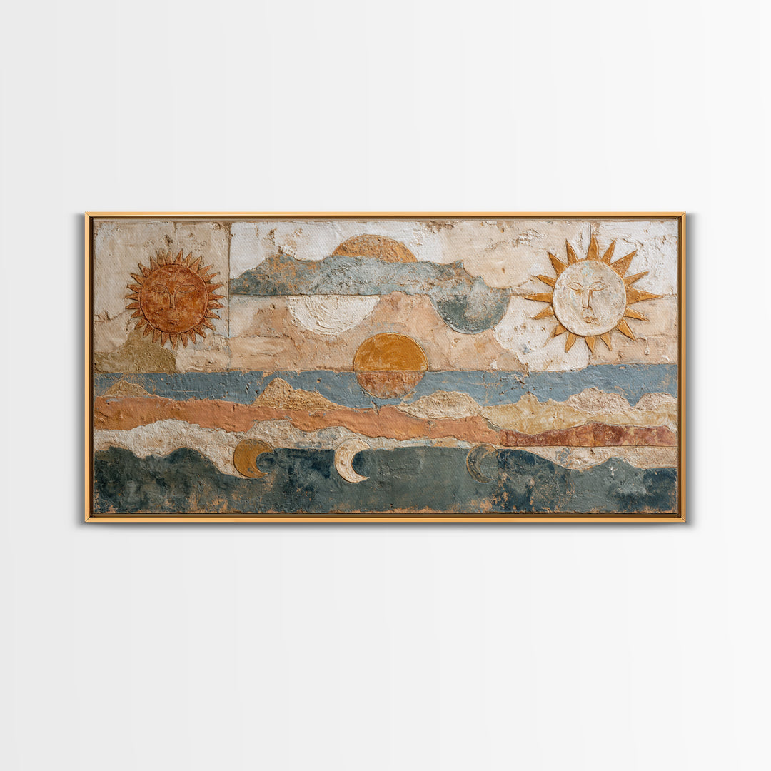 Sun and Moon Celestial Folk Motif Framed Canvas Print, Boho Art, Wall Decor, Living Room Decor, Fine Art, Bohemian, Art Nouveau, BOH-2x1-6