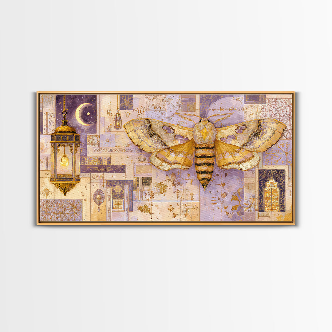 Golden Moth with Moon and Stars Canvas Print, Boho Art, Canvas Art, Living Room Decor, Fine Art, Bohemian, Wall Art Set, BOH-2x1-61