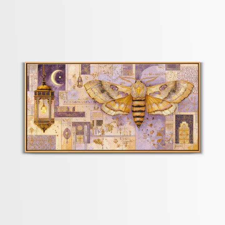 Golden Moth with Moon and Stars Canvas Print, Boho Art, Canvas Art, Living Room Decor, Fine Art, Bohemian, Wall Art Set, BOH-2x1-61