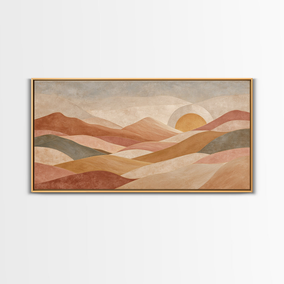 Sunrise over Rolling Dunes in Muted Peach Framed Canvas Print, Boho Art, Living Room Decor, Abstract Art, Bohemian, BOH-2x1-65