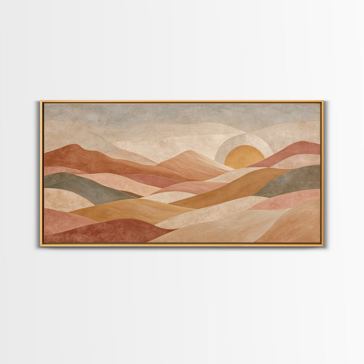 Sunrise over Rolling Dunes in Muted Peach Framed Canvas Print, Boho Art, Living Room Decor, Abstract Art, Bohemian, BOH-2x1-65