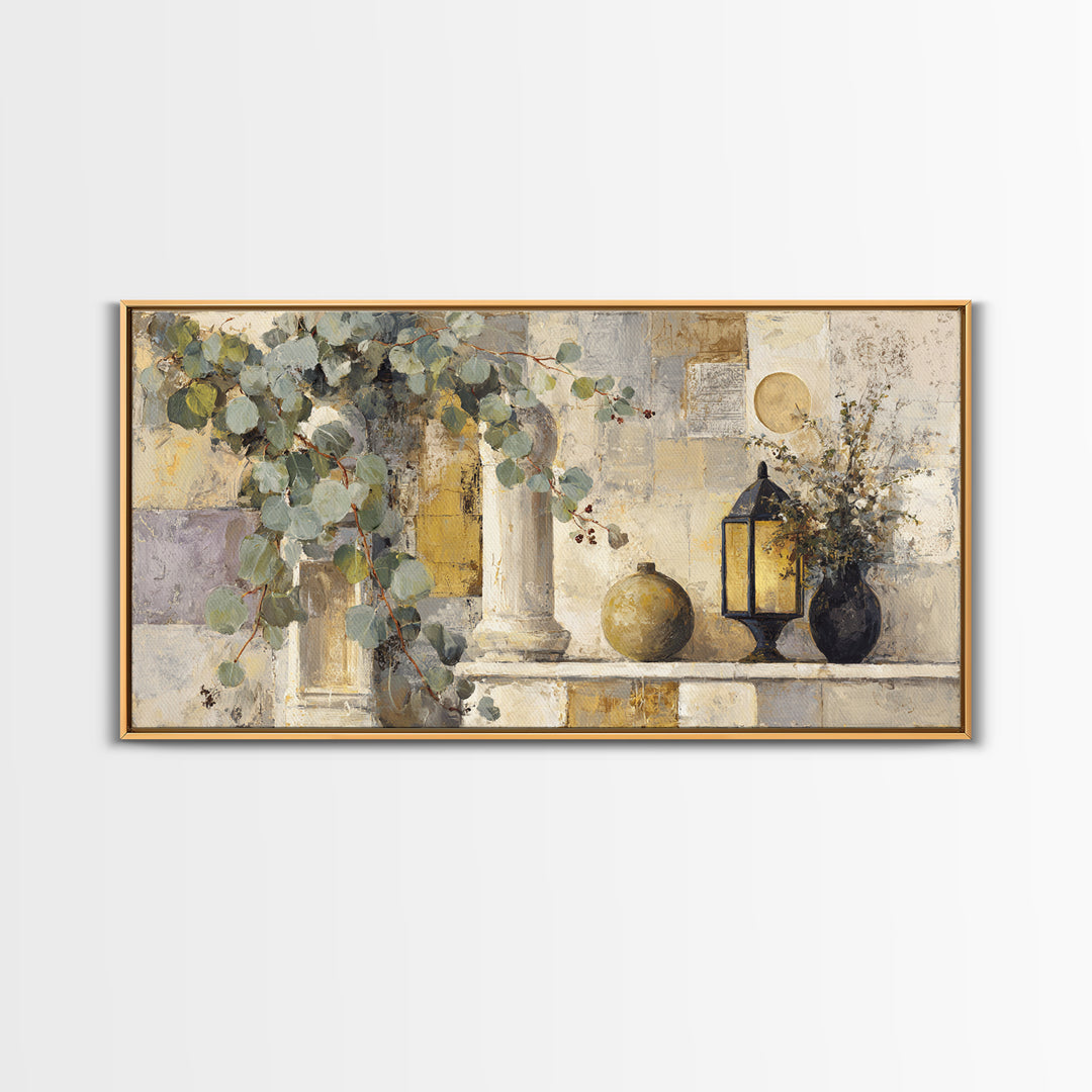 Sage Green Eucalyptus and Crescent Moon Framed Canvas Print, Boho Art, Fine Art Print, Living Room Decor, Fine Art, Bohemian, BOH-2x1-67