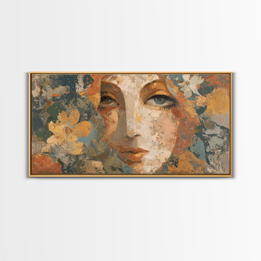 Abstract Female Face Framed Canvas Print, Boho Art, Digital Wall Art, Living Room Decor, Watercolor Art, Bohemian, Garden Art, BOH-2x1-72