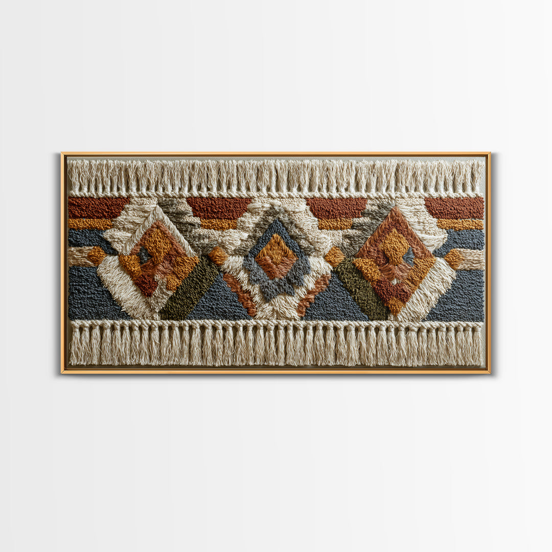 Macrame Geometric Fringe Pattern Framed Canvas Print, Boho Art, Contemporary Art, Living Room Decor, Abstract Art, Bohemian, BOH-2x1-75