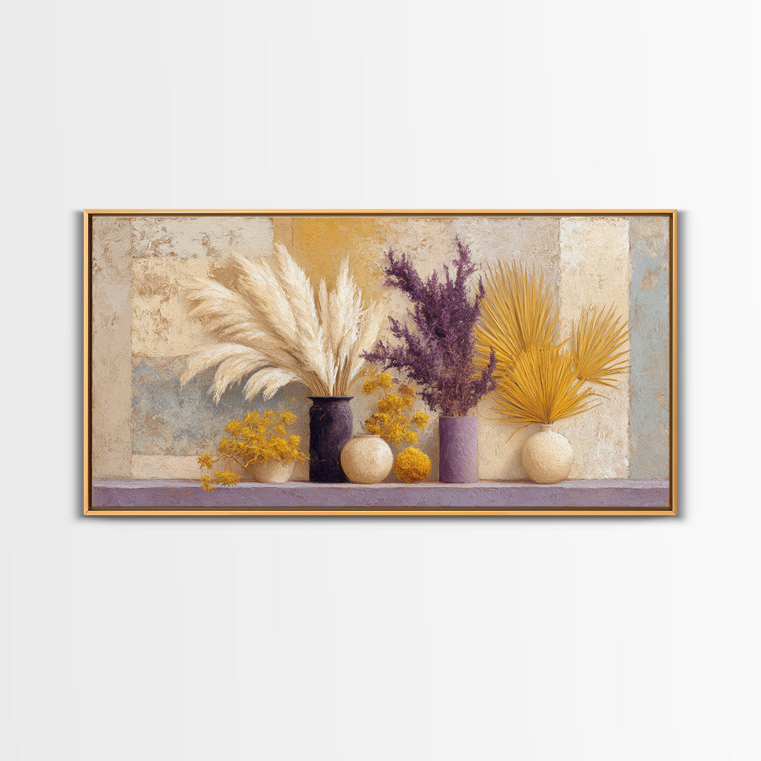 Bohemian Vase with Dried Pampas Grass Canvas Print, Boho Art, Abstract Wall Art, Living Room Decor, Oil Painting, Bohemian, BOH-2x1-77