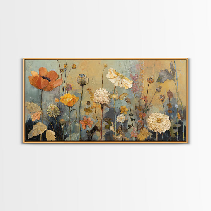 Burnt Orange Floral Field at Sunset Framed Canvas Print, Boho Art, Boho Wall Art, Living Room Decor, Fine Art, Bohemian, BOH-2x1-81