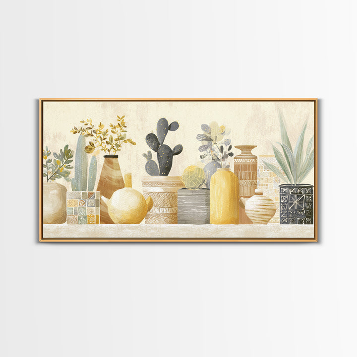 Warm Neutral Cactus Garden Illustration Framed Canvas Print, Boho Art, Digital Wall Art, Living Room Decor, Fine Art, Bohemian, BOH-2x1-86