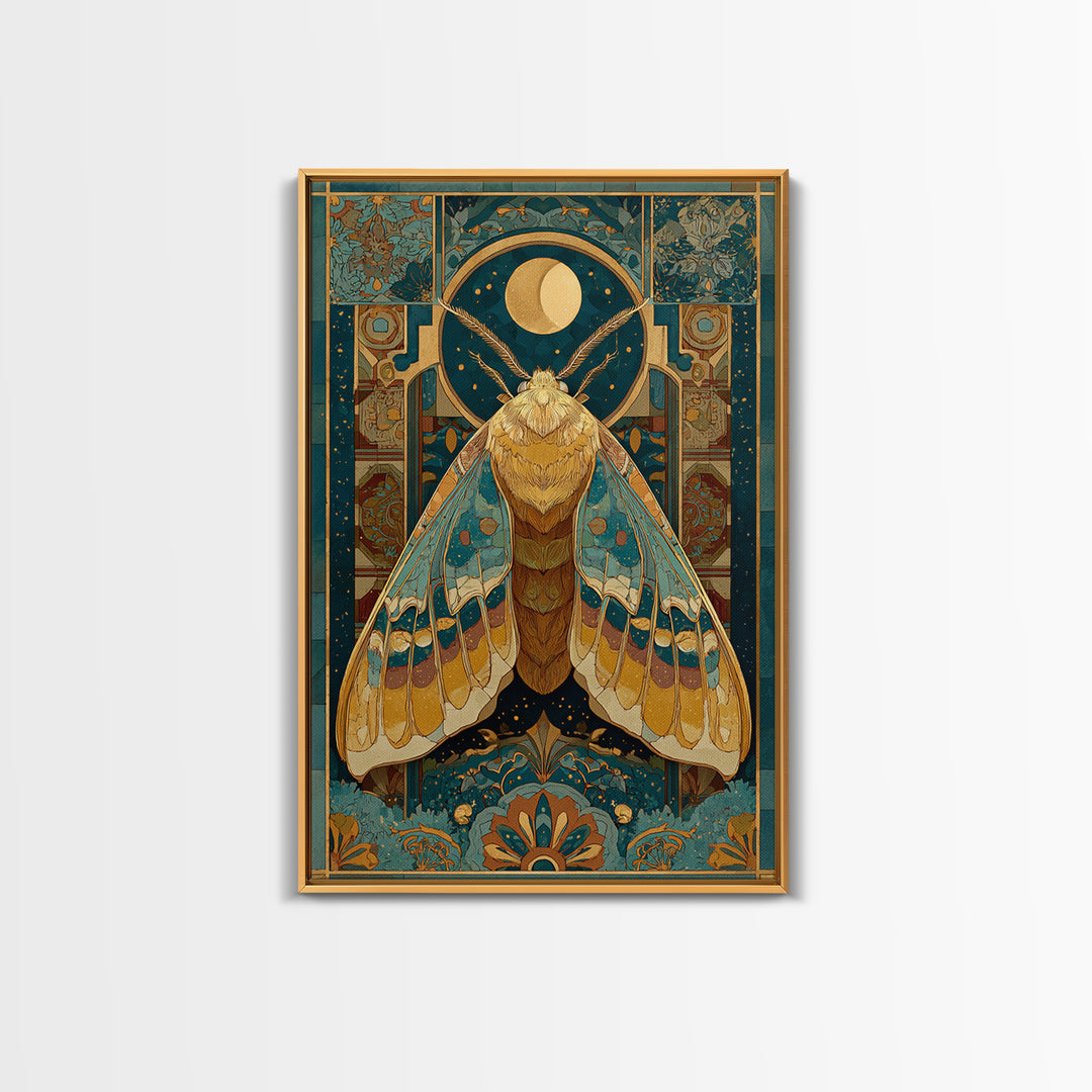 Golden Moth with Moon and Stars Framed Canvas Print, Boho Art, Art Nouveau, Living Room Decor, Fine Art, Bohemian, Wall Print, BOH-2x3-1
