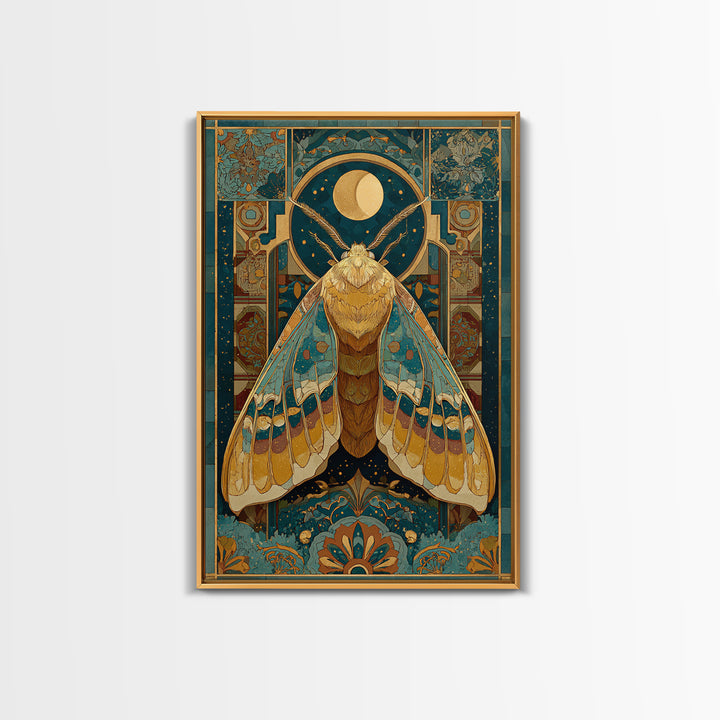 Golden Moth with Moon and Stars Framed Canvas Print, Boho Art, Art Nouveau, Living Room Decor, Fine Art, Bohemian, Wall Print, BOH-2x3-1
