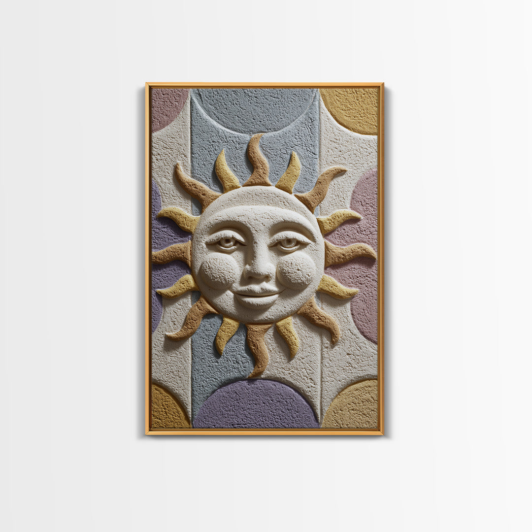 Sun and Moon Celestial Folk Motif Framed Canvas Print, Boho Art, Digital Art, Living Room Decor, Watercolor Art, Bohemian, BOH-2x3-18