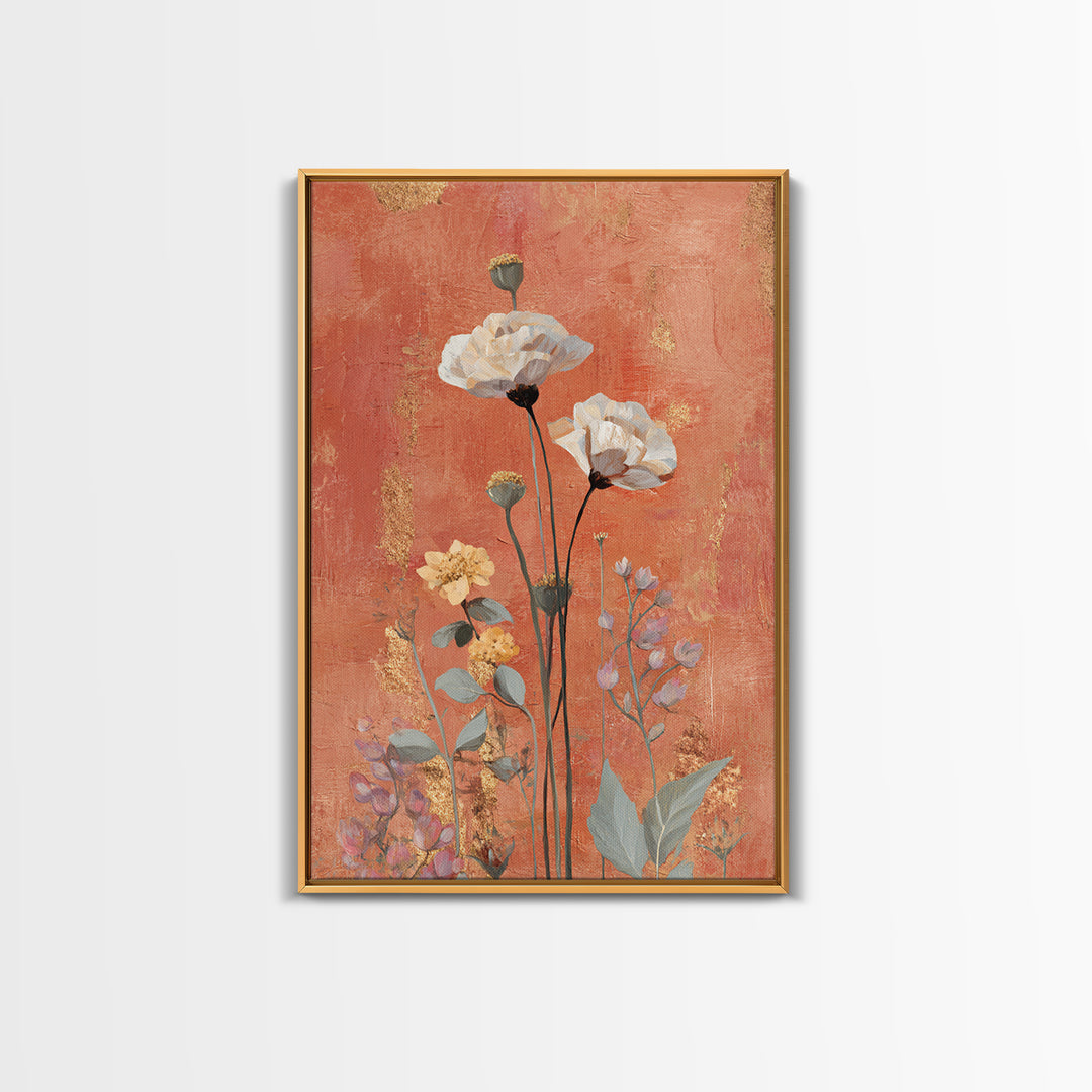 Burnt Orange Floral Field at Sunset Framed Canvas Print, Boho Art, Wallart, Living Room Decor, Bohemian, Living Room Wall Art, BOH-2x3-21