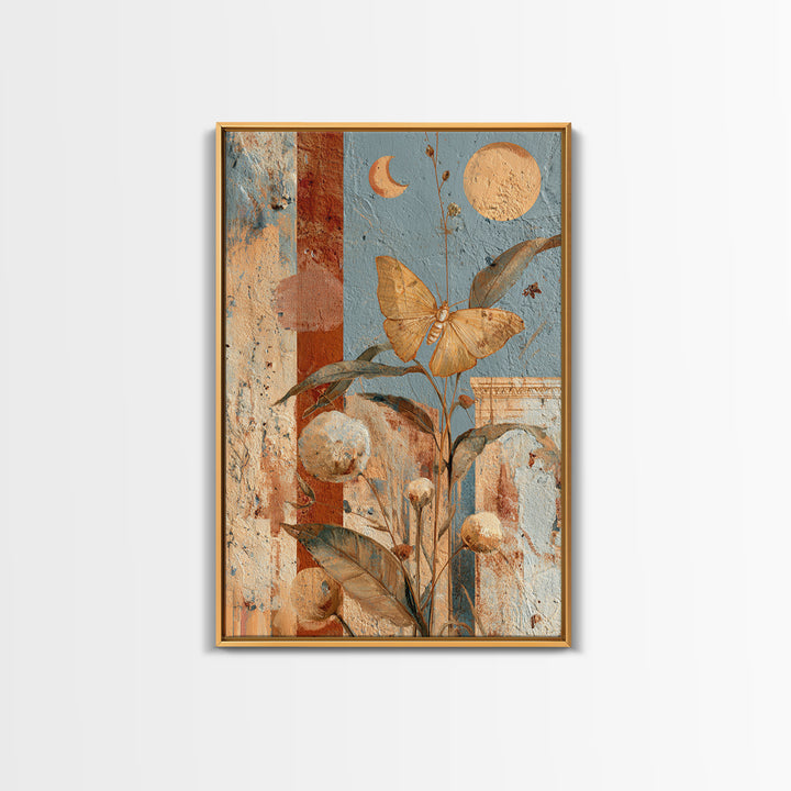 Golden Moth with Moon and Stars Framed Canvas Print, Boho Art, Art Nouveau, Living Room Decor, Fine Art, Bohemian, Wall Print, BOH-2x3-25