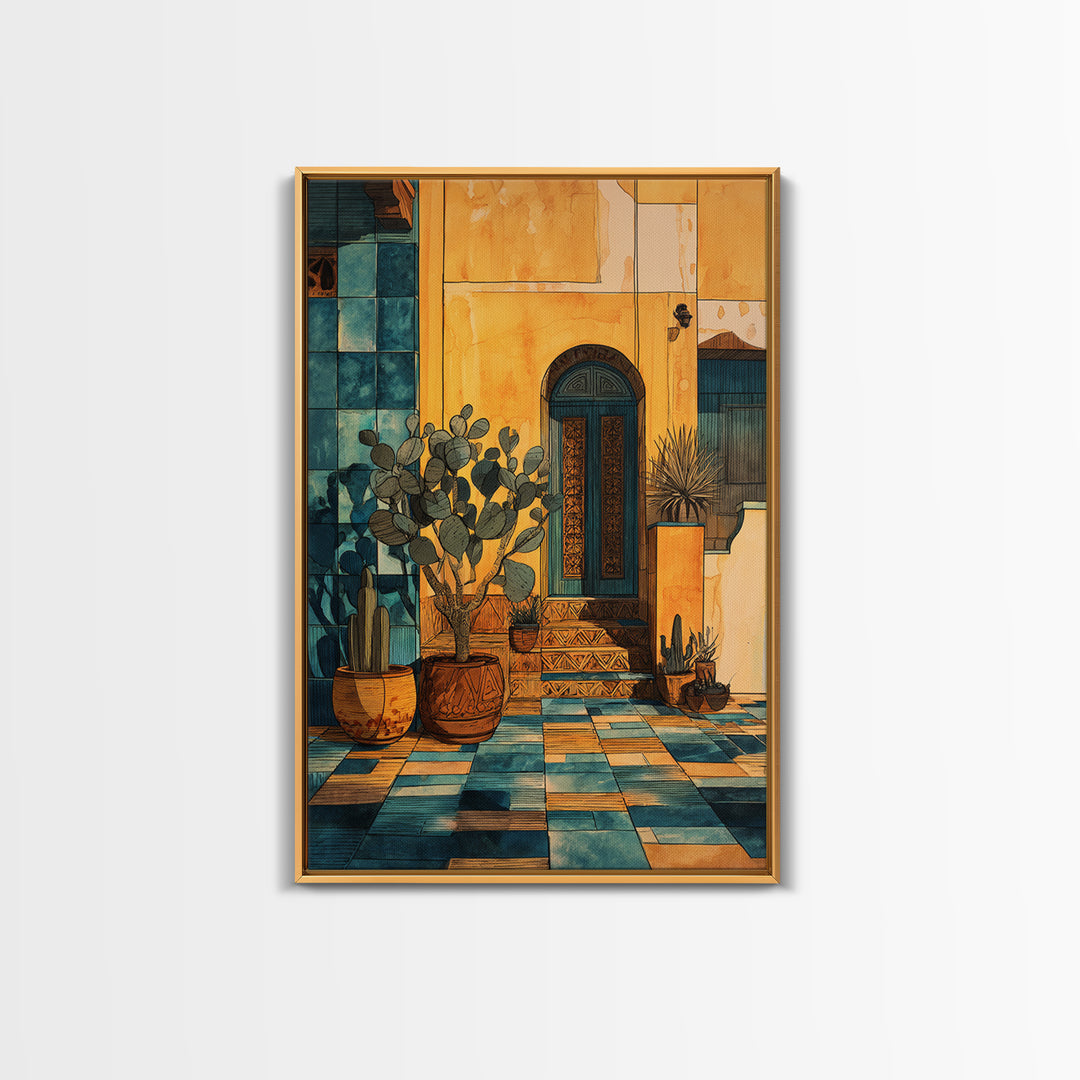 Desert Sun with Cactus and Warm Clay Framed Canvas Print, Boho Art, Garden Art, Living Room Decor, Watercolor Art, Bohemian, BOH-2x3-33
