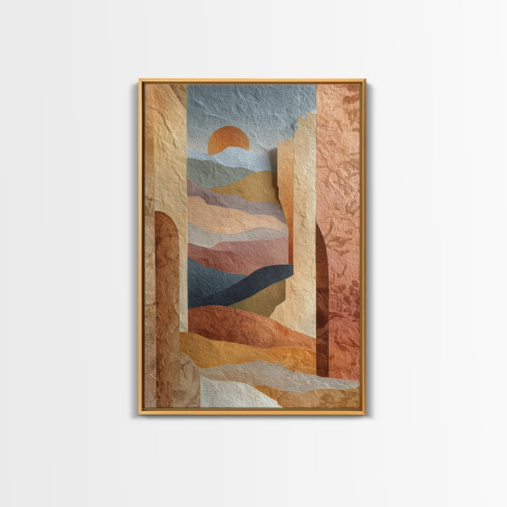 Sunrise over Rolling Dunes in Muted Peach Framed Canvas Print, Boho Art, Boho Wall Art, Living Room Decor, Oil Painting, BOH-2x3-53
