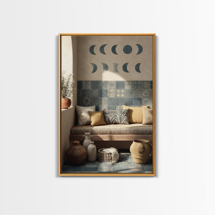 Moon Phases Above Botanical Silhouettes Canvas Print, Boho Art, Abstract Art, Living Room Decor, Bohemian 458, Set of Prints, BOH-2x3-58