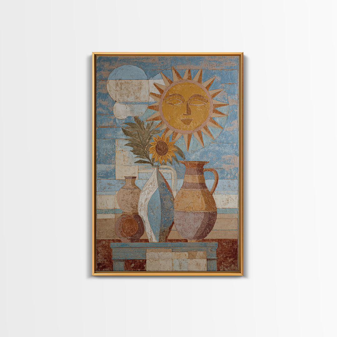 Sun and Moon Celestial Folk Motif Canvas Print, Boho Art, Art Deco, Living Room Decor, Oil Painting, Bohemian, Modern Wall Art, BOH-2x3-66
