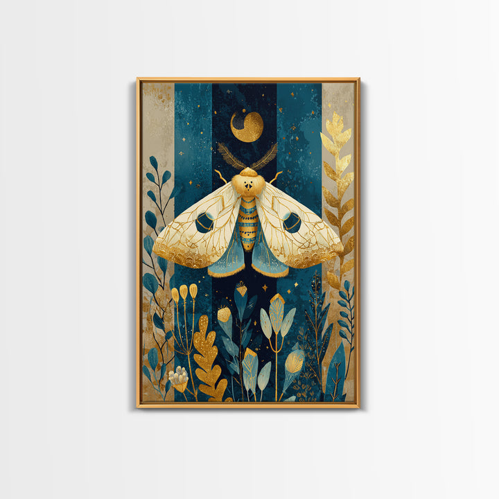 Golden Moth with Moon and Stars Framed Canvas Print, Boho Art, Living Room Wall Art, Living Room Decor, Fine Art, Bohemian, BOH-2x3-73