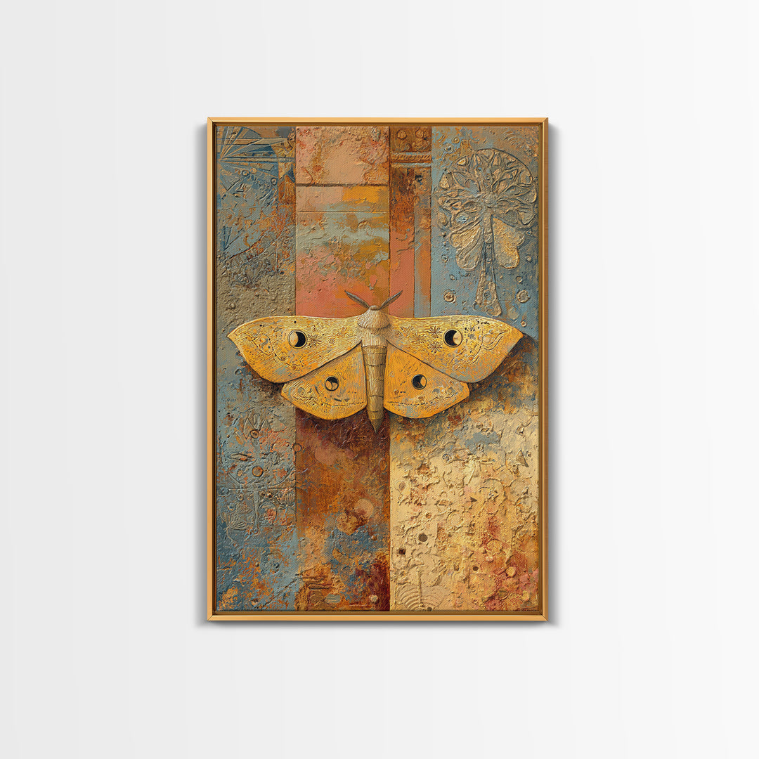 Golden Moth with Moon and Stars Framed Canvas Print, Boho Art, Living Room Wall Art, Living Room Decor, Fine Art, Bohemian, BOH-2x3-97