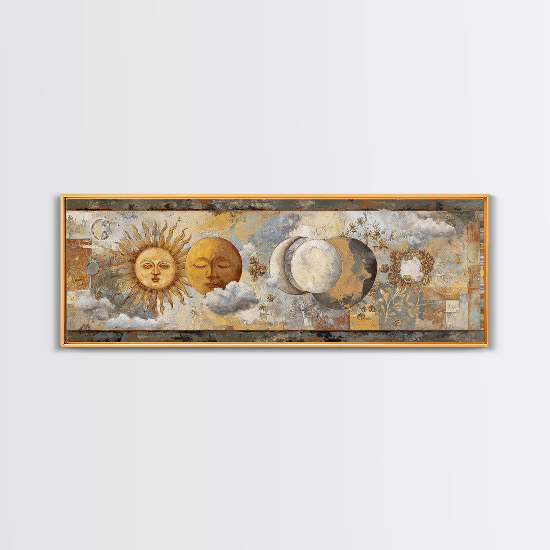 Sun and Moon Celestial Folk Motif Framed Canvas Print, Boho Art, Wallart, Living Room Decor, Bohemian, Living Room Wall Art, BOH-3x1-2