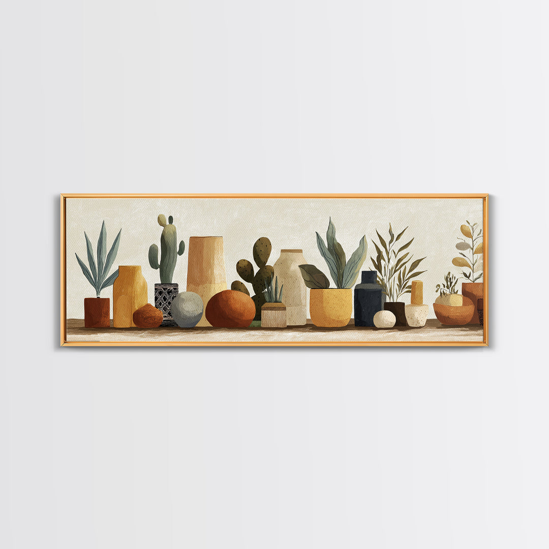 Warm Neutral Cactus Garden Illustration Canvas Print, Boho Art, Abstract Art, Living Room Decor, Bohemian 234, Set of Prints, BOH-3x1-34