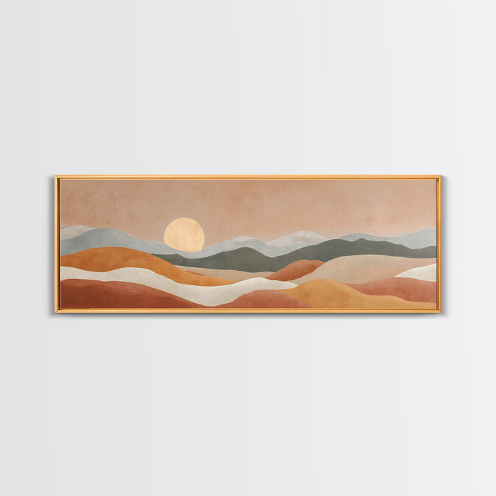 Sunrise over Rolling Dunes in Muted Peach Framed Canvas Print, Boho Art, Wall Art Set, Living Room Decor, Watercolor Art, BOH-3x1-37
