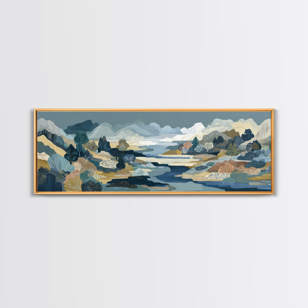 Earth Tone Mountain and River Abstraction Framed Canvas Print, Boho Art, Boho, Living Room Decor, Oil Painting, Bohemian, BOH-3x1-51