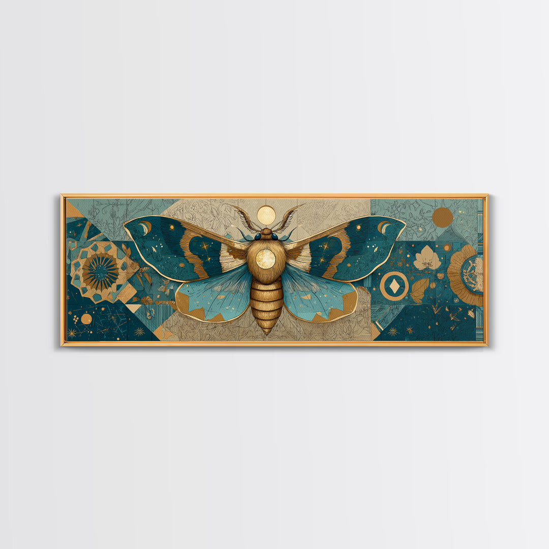 Golden Moth with Moon and Stars Framed Canvas Print, Boho Art, Statement Artwork, Living Room Decor, Fine Art, Bohemian, BOH-3x1-57