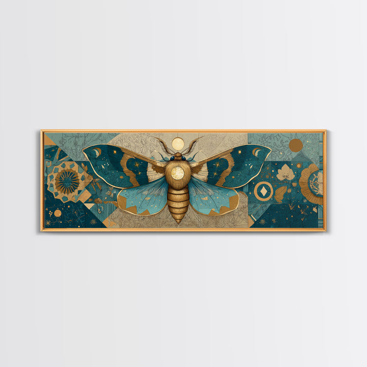 Golden Moth with Moon and Stars Framed Canvas Print, Boho Art, Statement Artwork, Living Room Decor, Fine Art, Bohemian, BOH-3x1-57