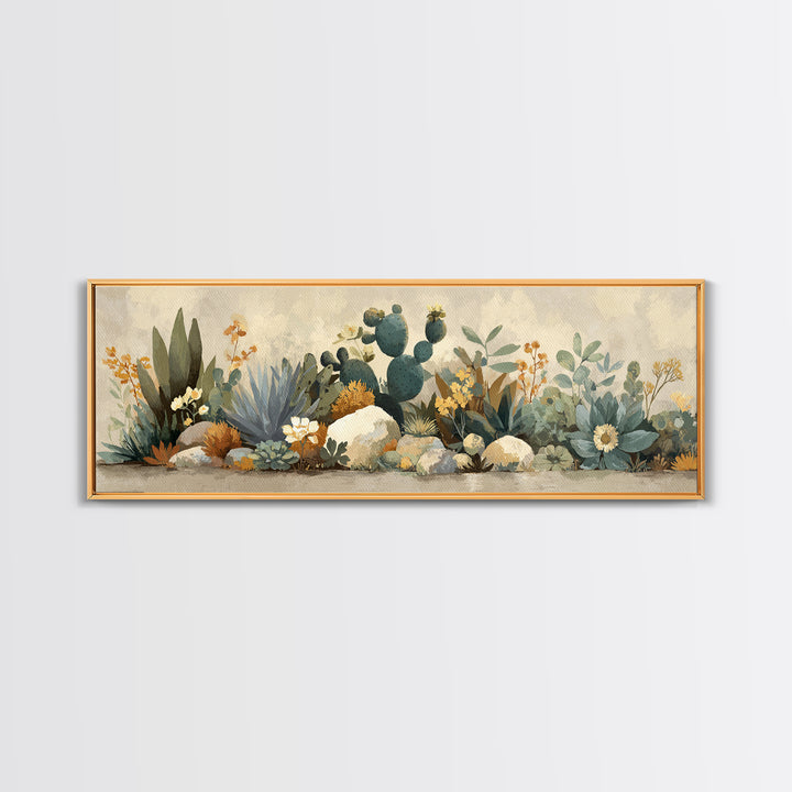 Warm Neutral Cactus Garden Illustration Framed Canvas Print, Boho Art, Boho Wall Art, Living Room Decor, Oil Painting, Bohemian, BOH-3x1-58