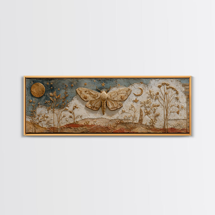 Golden Moth with Moon and Stars Framed Canvas Print, Boho Art, Statement Artwork, Living Room Decor, Fine Art, Bohemian, BOH-3x1-81