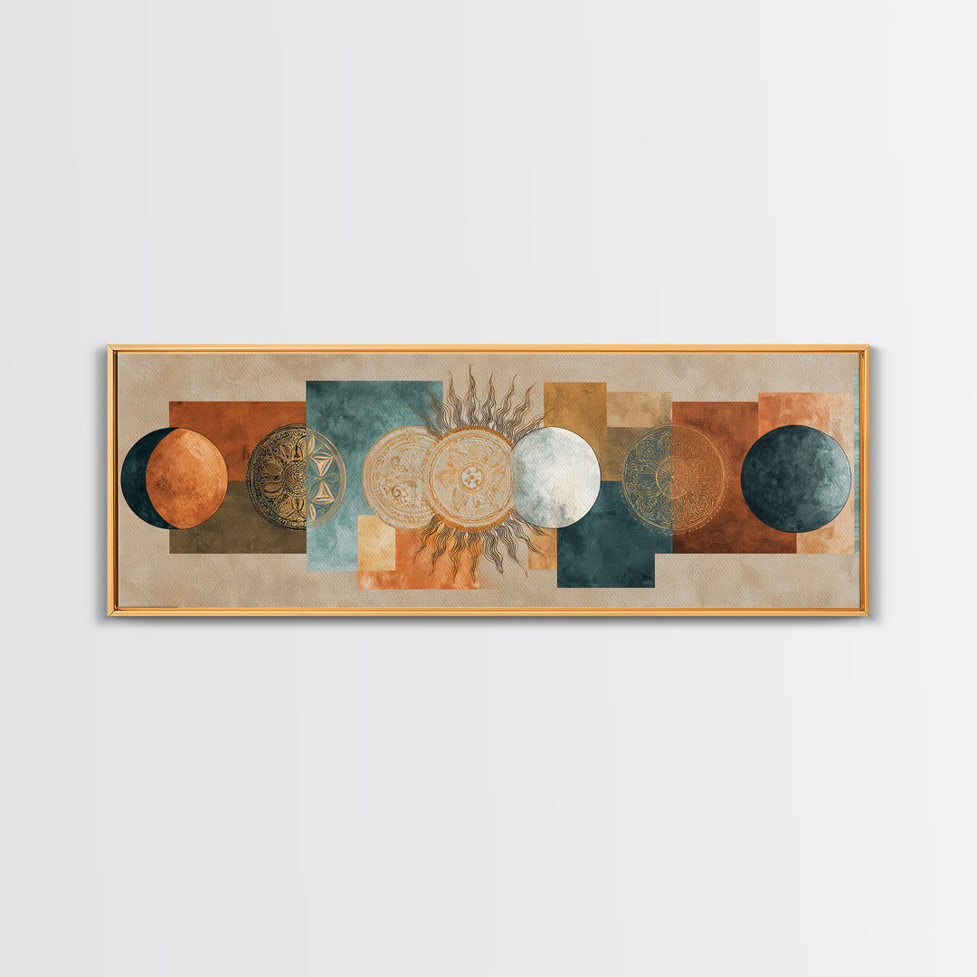Sun and Moon Celestial Folk Motif Canvas Print, Boho Art, Neutral Decor, Living Room Decor, Fine Art, Bohemian, Wall Decor, BOH-3x1-98