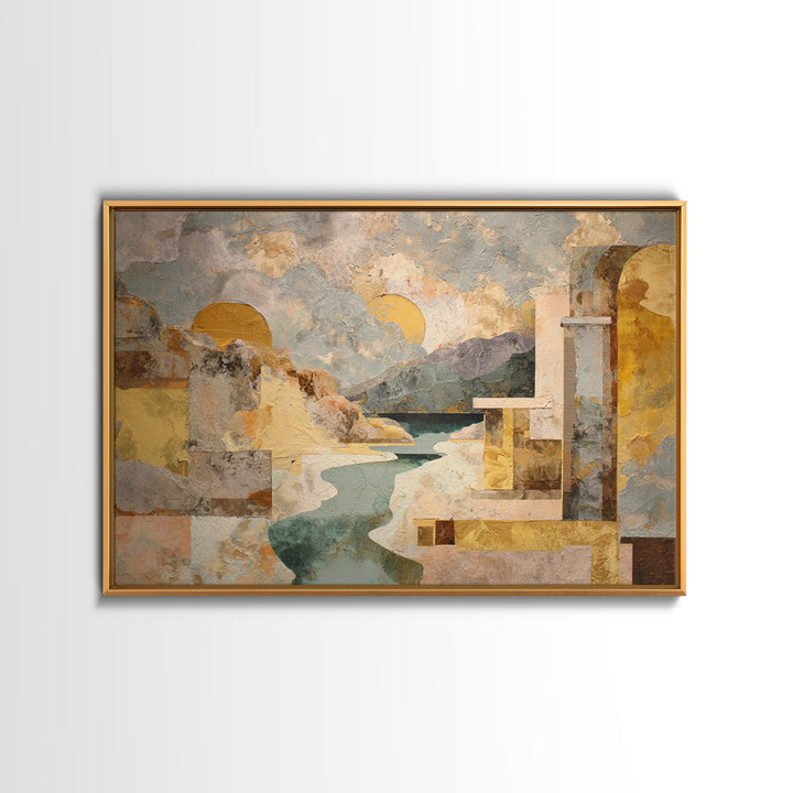 Earth Tone Mountain and River Abstraction Framed Canvas Print, Boho Art, Wall Art Set, Living Room Decor, Fine Art, Bohemian, BOH-3x2-15