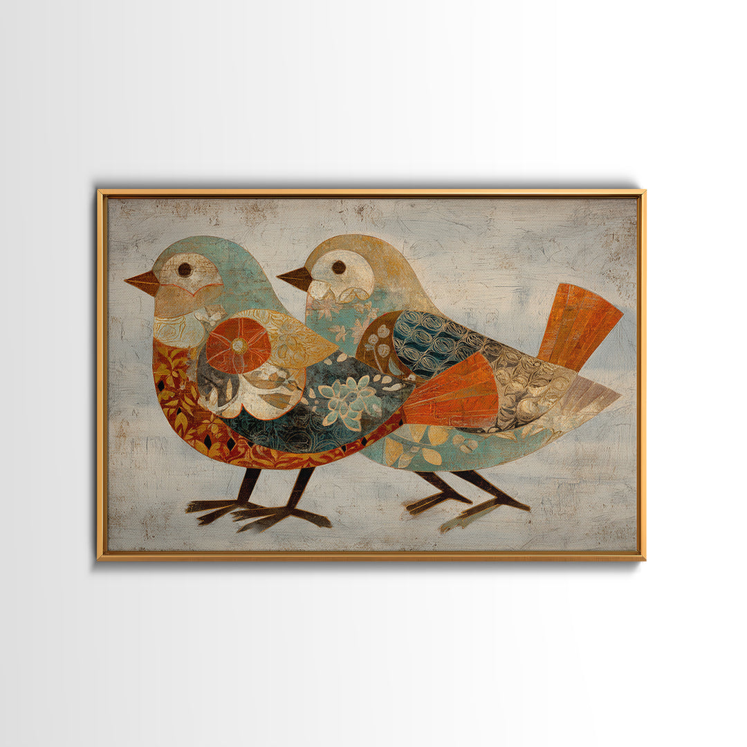 Boho Bird Pair Framed Canvas Print, Boho Art, Statement Artwork, Living Room Decor, Fine Art, Bohemian, Art Prints, Digital Art, BOH-3x2-24