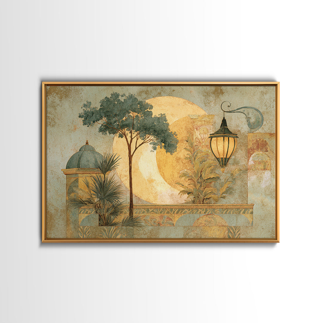 Sage Green Eucalyptus and Crescent Moon Framed Canvas Print, Boho Art, Wall Art, Living Room Decor, Fine Art, Bohemian, BOH-3x2-27