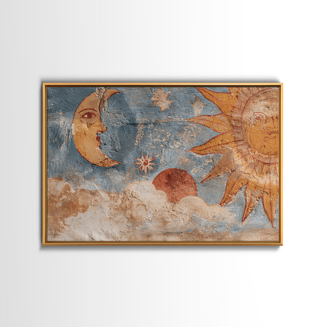 Sun and Moon Celestial Folk Motif Canvas Print, Boho Art, Wall Art Print, Living Room Decor, Fine Art, Bohemian, Luxury Decor, BOH-3x2-38