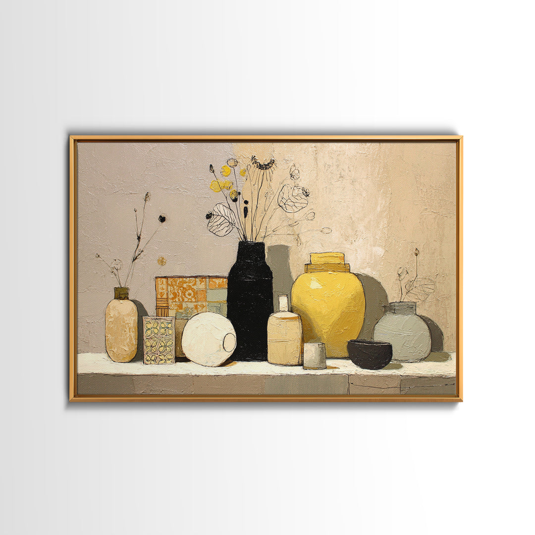 Minimal Black Line Figure Framed Canvas Print, Boho Art, Textured Painting, Living Room Decor, Watercolor Art, Bohemian, BOH-3x2-40