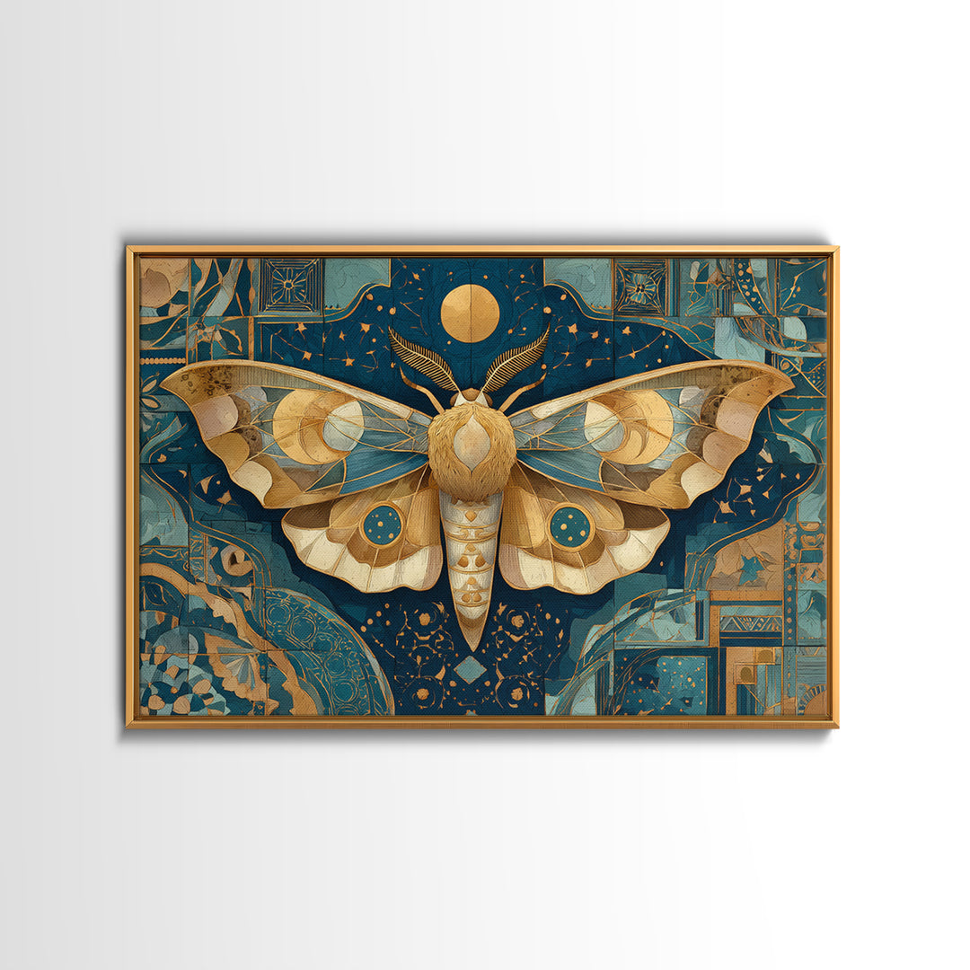 Golden Moth with Moon and Stars Framed Canvas Print, Boho Art, Textured Painting, Living Room Decor, Fine Art, Bohemian, BOH-3x2-45