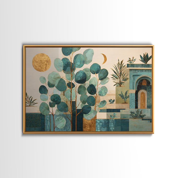 Sage Green Eucalyptus and Crescent Moon Canvas Print, Boho Art, Art Print, Living Room Decor, Fine Art, Bohemian, Digital Print, BOH-3x2-51
