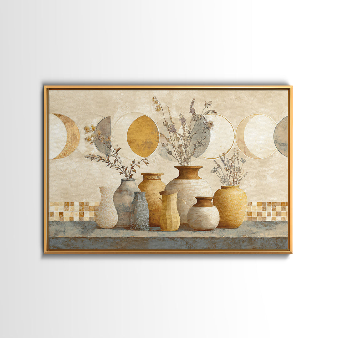 Moon Phases Above Botanical Silhouettes Framed Canvas Print, Boho Art, Boho Wall Art, Living Room Decor, Fine Art, Bohemian, BOH-3x2-6