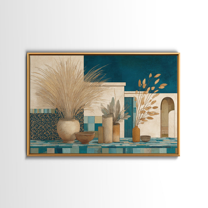 Bohemian Vase with Dried Pampas Grass Canvas Print, Boho Art, Luxury Decor, Living Room Decor, Oil Painting, Bohemian, BOH-3x2-61