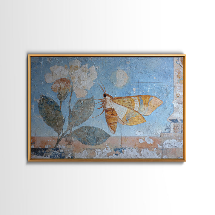 Golden Moth with Moon and Stars Framed Canvas Print, Boho Art, Textured Painting, Living Room Decor, Fine Art, Bohemian, BOH-3x2-69