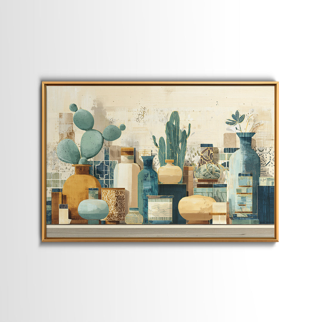 Warm Neutral Cactus Garden Illustration Framed Canvas Print, Boho Art, Boho Decor, Living Room Decor, Fine Art, Bohemian, BOH-3x2-70