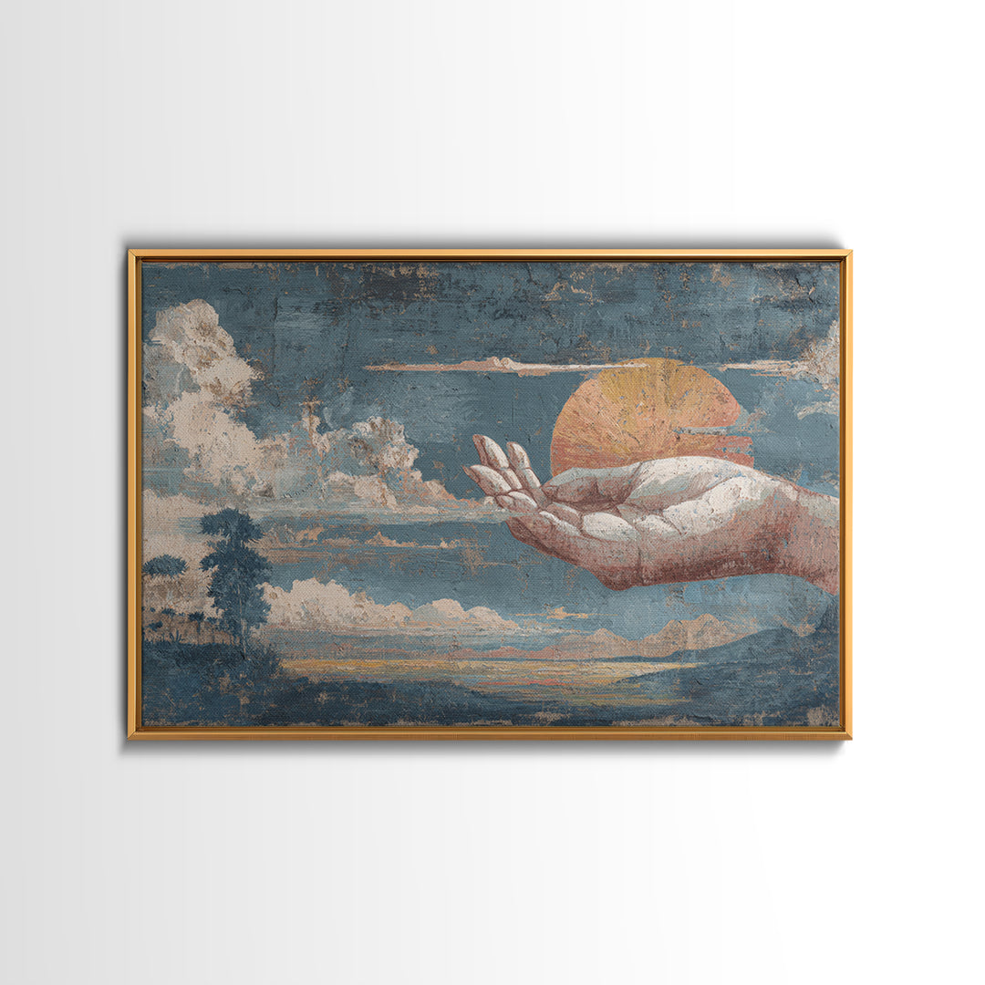 Mystic Hand Holding a Tiny Sun Framed Canvas Print, Boho Art, Statement Artwork, Living Room Decor, Oil Painting, Bohemian, BOH-3x2-82