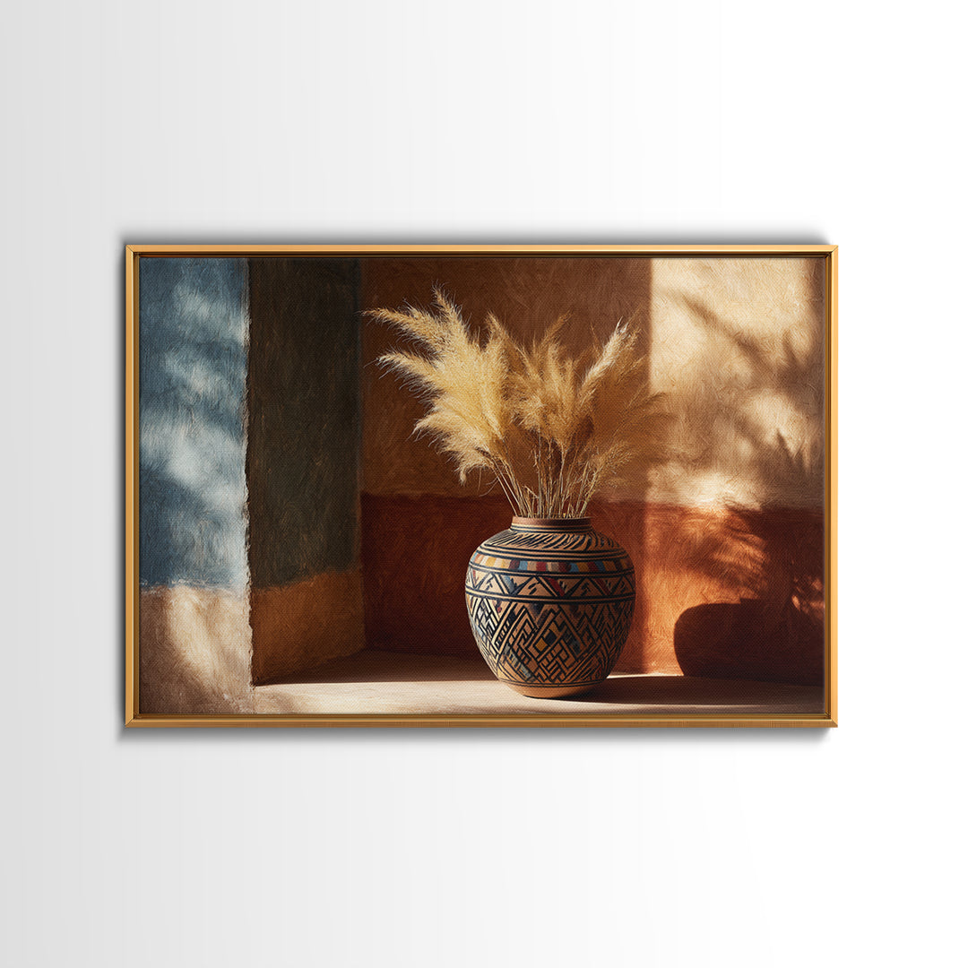 Bohemian Vase with Dried Pampas Grass Framed Canvas Print, Boho Art, Wall Art, Living Room Decor, Fine Art, Bohemian, BOH-3x2-85