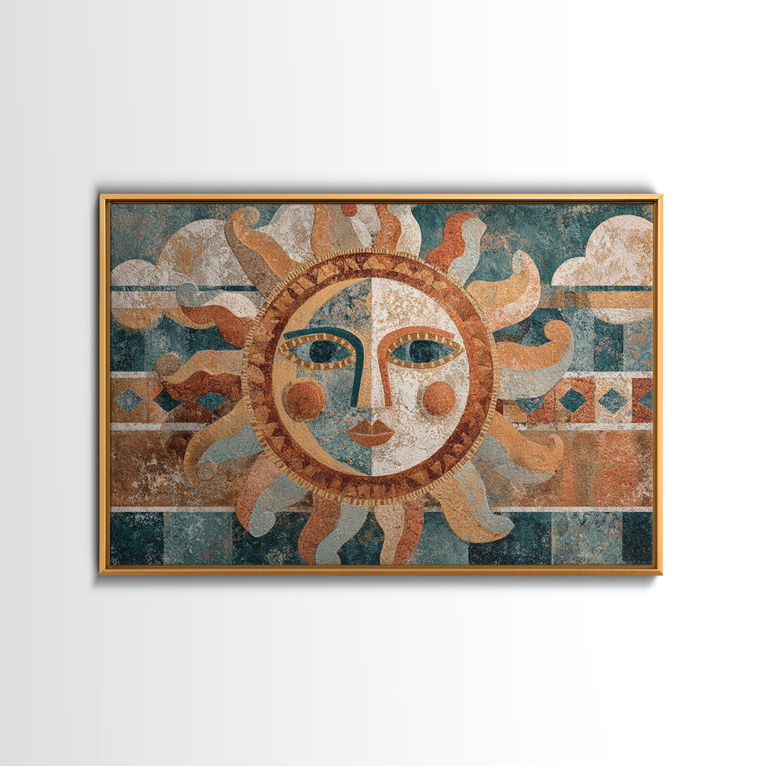 Sun and Moon Celestial Folk Motif Framed Canvas Print, Boho Art, Wall Art Set, Living Room Decor, Fine Art, Bohemian, BOH-3x2-86