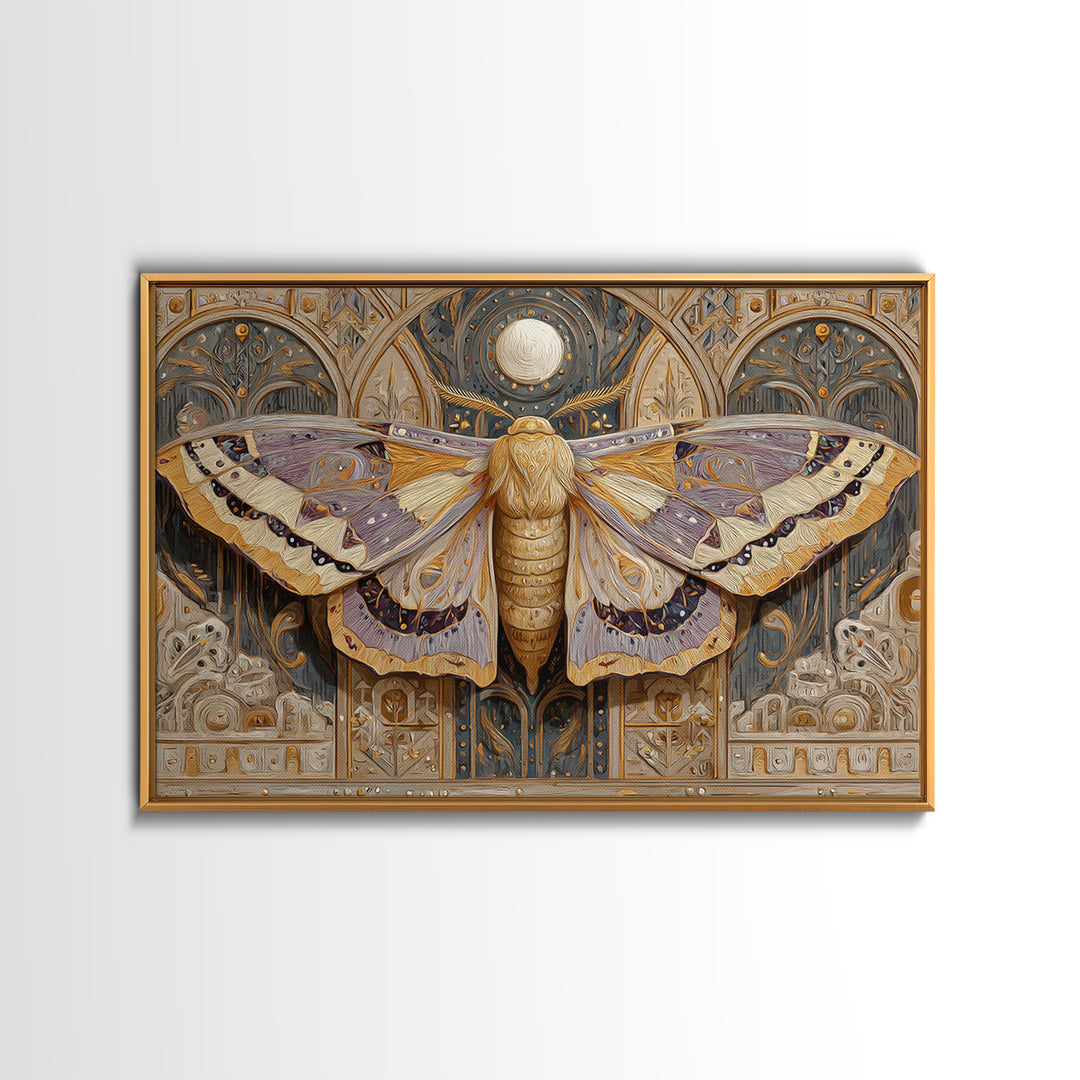 Golden Moth with Moon and Stars Canvas Print, Boho Art, Art, Living Room Decor, Fine Art, Bohemian, Wallart, Art Nouveau, BOH-3x2-93
