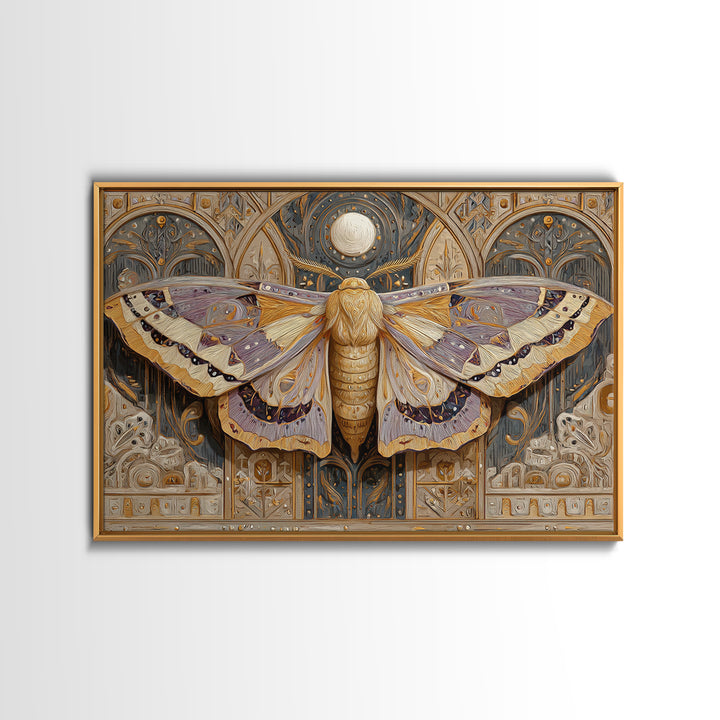 Golden Moth with Moon and Stars Canvas Print, Boho Art, Art, Living Room Decor, Fine Art, Bohemian, Wallart, Art Nouveau, BOH-3x2-93